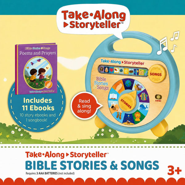 Take-Along Storyteller Bible Stories & Songs toy set shown on a bright yellow and green background, featuring a blue-and-wood activity case with colorful buttons and a small included purple book cover labeled 'Poems and Prayers.' Text highlights 11 ebooks and 1 songbook.