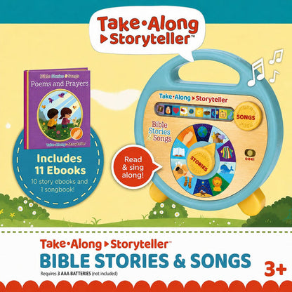 Take-Along Storyteller Bible Stories & Songs toy set shown on a bright yellow and green background, featuring a blue-and-wood activity case with colorful buttons and a small included purple book cover labeled 'Poems and Prayers.' Text highlights 11 ebooks and 1 songbook.