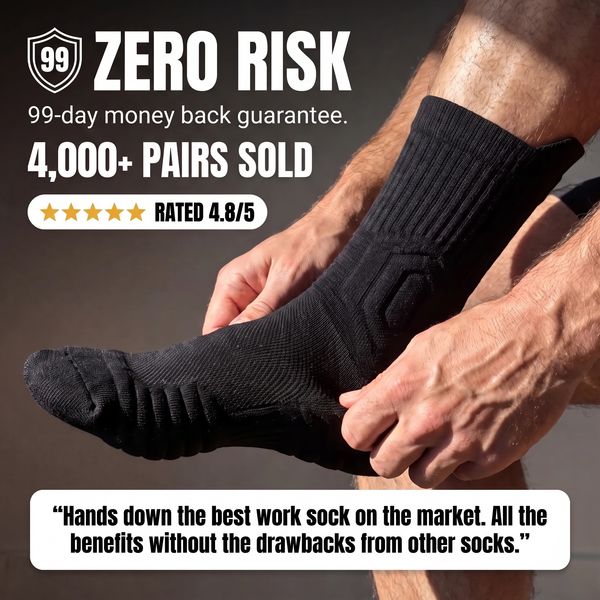 A person wearing and adjusting a black ribbed ankle sock, with promotional text overlays reading 'ZERO RISK,' '99-day money back guarantee,' '4,000+ PAIRS SOLD,' and a customer quote at the bottom.