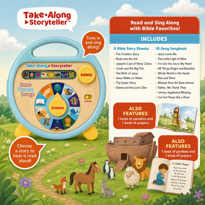 Take Along Storyteller children's toy set shown on a colorful illustrated background with animals, a basket, and text panels listing included storybooks, songs, and features.