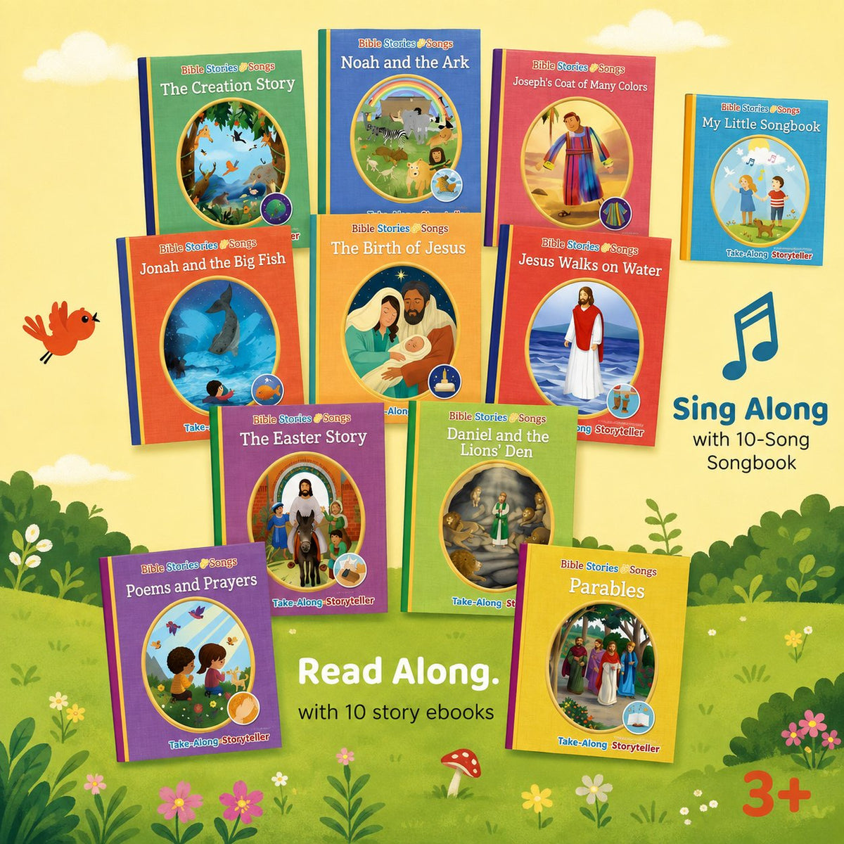 A collage of children's Bible story and songbook books arranged on a bright yellow and green illustrated background. Visible titles include The Creation Story, Noah and the Ark, Joseph's Coat of Many Colors, My Little Songbook, Jonah and the Big Fish, The Birth of Jesus, Jesus Walks on Water, The Easter Story, Daniel and the Lion's Den, Poems and Prayers, and Parables.