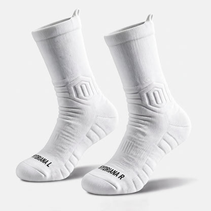 A pair of white athletic crew socks with black text reading 'HYDRANA L' and 'HYDRANA R' near the toes, displayed on a light gray background.